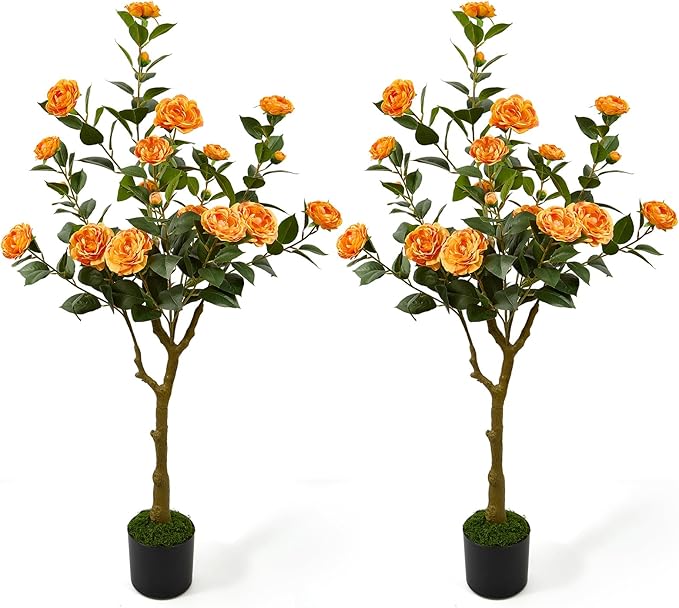 47" Artificial Camellia Tree,2 Pack Fake Flower Plants Artificial Tree with Greenery Leave, Faux Plants with Orange Flowers for Summer Modern Office Outdoor Outside Decor Front Door