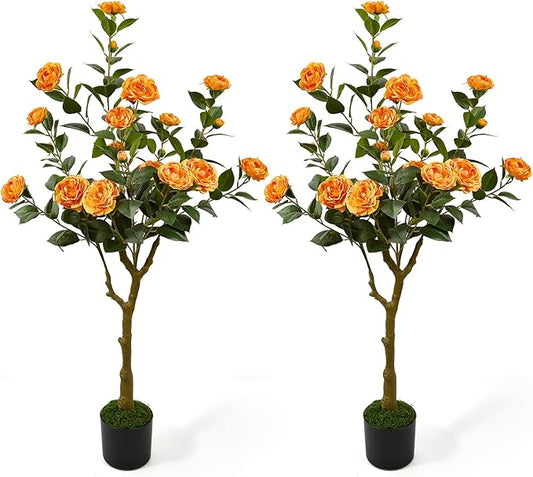 47" Artificial Camellia Tree,2 Pack Fake Flower Plants Artificial Tree with Greenery Leave, Faux Plants with Orange Flowers for Summer Modern Office Outdoor Outside Decor Front Door