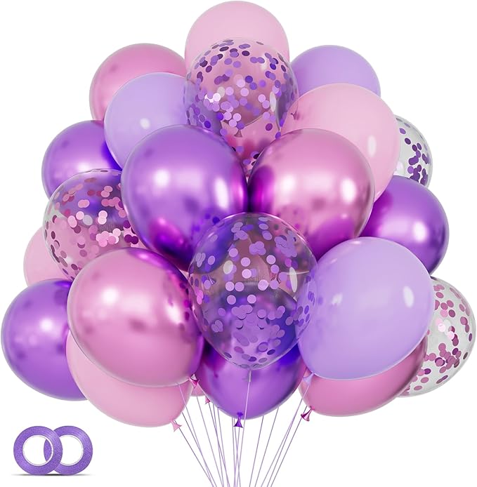 KAWKALSH Pink and Purple Balloons, 68PCS 12 Inch Metallic Purple Pink Confetti Latex Balloons with Ribbon, Party Balloons for Girls Birthday Baby Shower Wedding Party Decorations