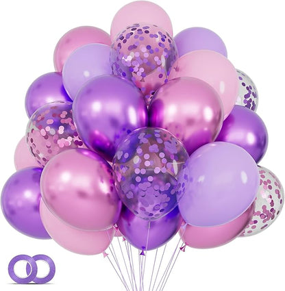 KAWKALSH Pink and Purple Balloons, 68PCS 12 Inch Metallic Purple Pink Confetti Latex Balloons with Ribbon, Party Balloons for Girls Birthday Baby Shower Wedding Party Decorations