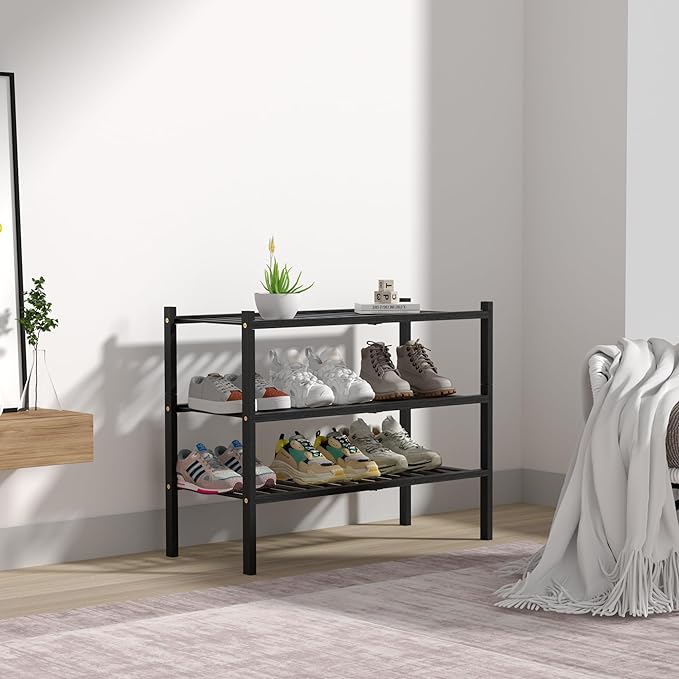 3 Tier Bamboo Shoe Rack for Closet Free Standing Wood Shoe Shelf Storage Organizer for Entryway Small Space Stackable 27"x11"x20" (Black)