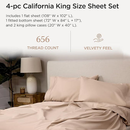 Threadmill California King Sheet Sets |Certified American Supima Cotton Sheets | 656 Thread Count 4 Piece Hotel Quality Luxury Bed Sheets Set with Elasticized Extra Deep Pocket |Beige Sheets