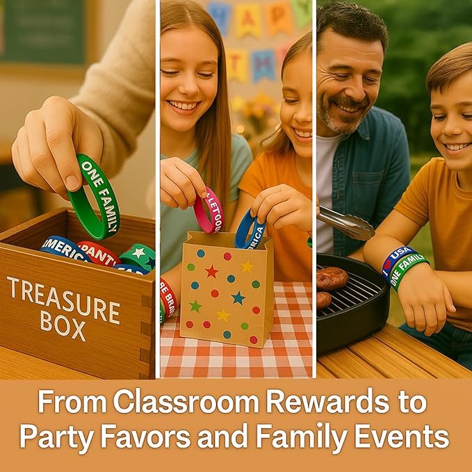Kids Bracelets Silicone Wristbands: 24 Pack USA Theme Classroom Rewards Birthday Party Favors & School Spirit Day Gifts for Elementary Students