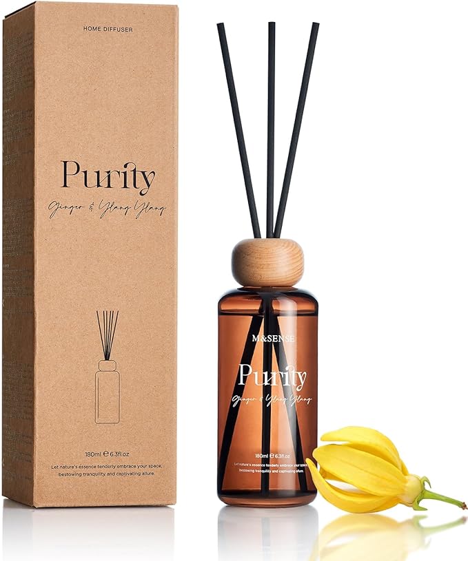M&SENSE Ginger Ylang Ylang Scent Diffuser: 6.3 fl oz Lime & Lemon Aroma Set with Light & Subtle Fragrance, Long-Lasting Non-Toxic Natural Essential Oil Diffuser for Office Shelf Decor Small Spaces ﻿