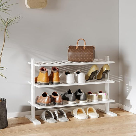 Varhomax White Shoe Rack, Bamboo Shoe Rack Organizer for Closet and Entryway, Thick Wooden Free Standing Shoe Shelf for Small Spaces, Sturdy & Versatile for Bedroom, Bathroom, Garage (3-Tier)