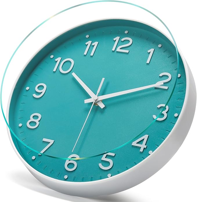 MEIRED Wall Clock 12 Inch Silent Non Ticking Battery Operated Round Wall Clock Modern Simple Style Decor Clock for Home/Office/School/Kitchen/Bedroom/Living Room, Teal and White