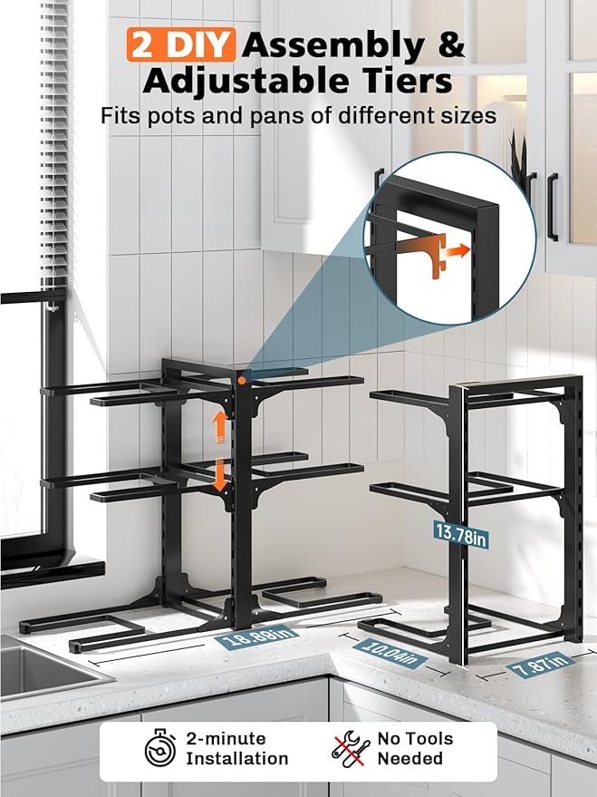 MUDEELA 6-Tier Pots and Pans Organizer Rack for Kitchen Cabinet Storage and Organization, Heavy Duty Pot and Pan Organizer under Cabinet, Adjustable Pot Organizer Rack