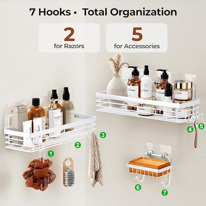 Orimade Adhesive Shower Caddy Soap Dish Holder Shelf with 5 Hooks Bathroom Organizer Basket Kitchen Storage Rack Wall Mounted No Drilling Stainless Steel - 3 Pack, White