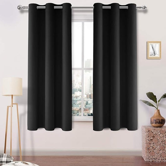 DWCN Black Blackout Curtains Blocking Light Room Darkening Thermal Insulated Grommet Window Curtain for Bedroom Living Room Privacy Solid Drapes 38 x 72 Inches Length, Set of 2 Thick Panels