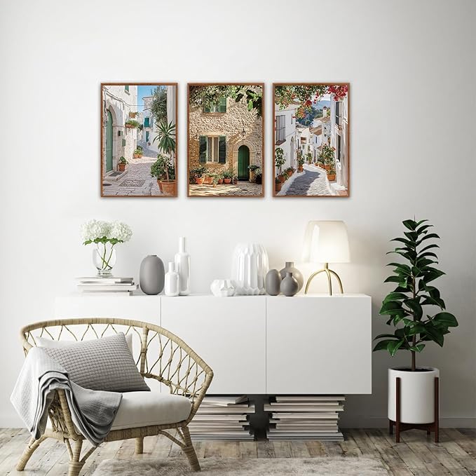 HLNIUC Vintage Italian Countryside Landscape Framed Wall Art,Mediterranean Italy Street Landscape Poster,Modern Europe Street Canvas Painting,Nature Scenery Art Print for Living Room Office-16 x24 x3