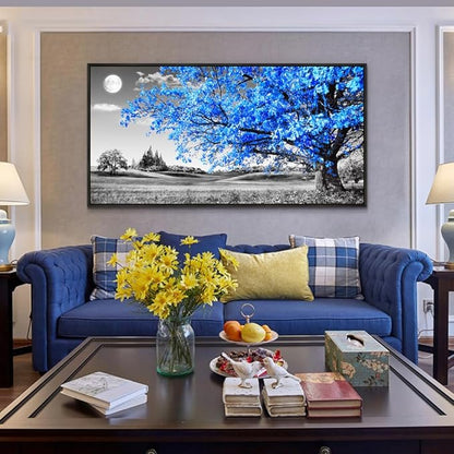 Wapluam Black Framed Wall Art For Living Room Black and White Large Wall Decor For Bedroom Blue Tree Landscape Abstract Painting Office Wall Decoration Picture Modern Canvas Prints Home Wall Decor