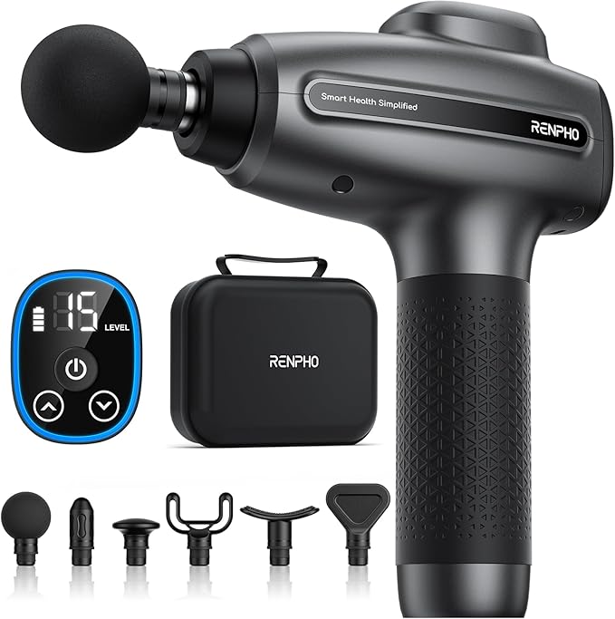 RENPHO Massage Gun Deep Tissue, Percussion Muscle Massage Gun for Athletes Men Women, Valentine's Day Gifts, Electric Handheld Massager Gun for Pain Relief Relax 6 Massage Head, Gray