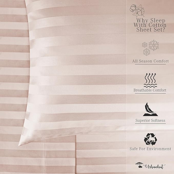 URBANHUT 800 Thread Count Egyptian Cotton Damask Striped King Size Sheets Set (4 Pc) - Ultra Soft & Smooth, Sateen Weave King Size Sheets, Luxury Hotel Sheets with 16" Deep Pocket - Blush Pink