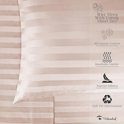 URBANHUT 800 Thread Count Egyptian Cotton Damask Striped King Size Sheets Set (4 Pc) - Ultra Soft & Smooth, Sateen Weave King Size Sheets, Luxury Hotel Sheets with 16" Deep Pocket - Blush Pink