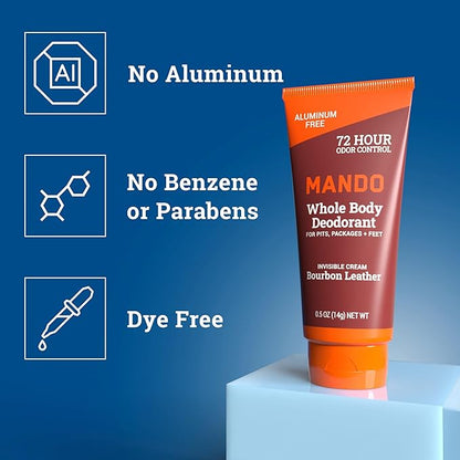 Mando Whole Body Deodorant - Mini Travel Size Invisible Cream Tube - 72 Hour Odor Control - Aluminum and Baking Soda Free, Skin Safe - .5 oz (Pack of 2) (Bourbon Leather)