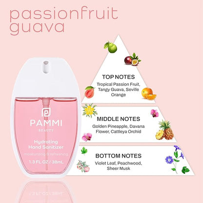 PAMMI Power Mist Hydrating Hand Sanitizer Spray, Portable Travel Size Pocket Hand Sanitizer, Scented Handsanitizer Mini Spray For Car - 600 Sprays (3 Packs (Mango, Guava. Lychee))