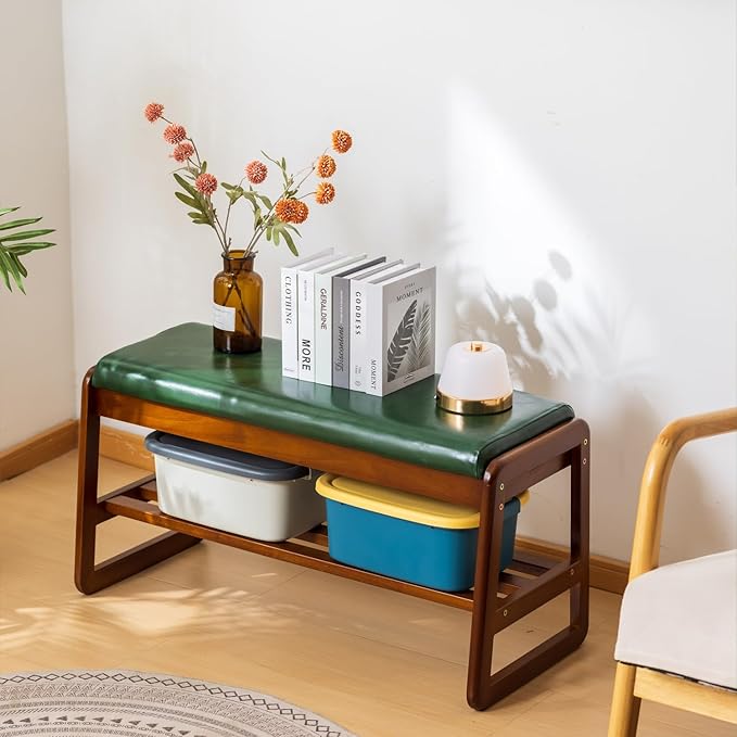 Solid Wood Shoe Bench, 2-Tier Entryway Bench with Cushion and Flip-Open Storage Box, Mid-Century Modern Shoe Bench Rack for Hallway, Mudroom(Green, 21.65'')