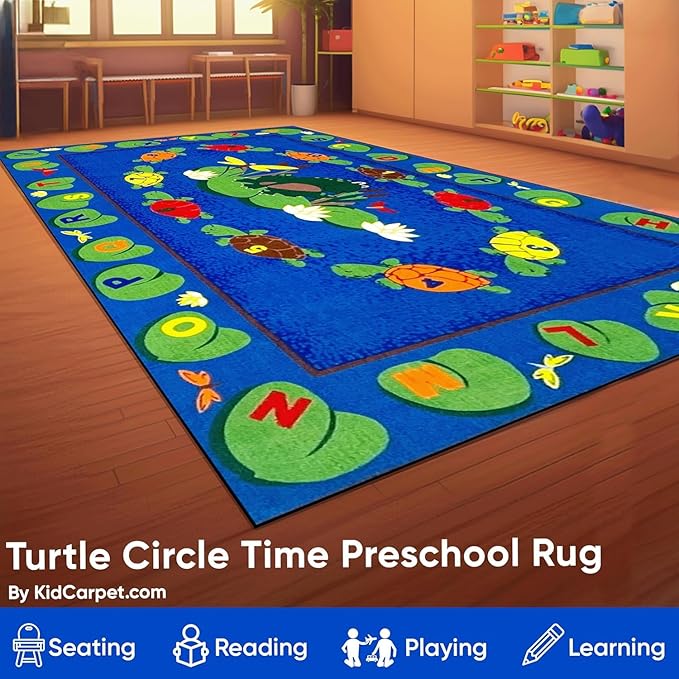 Turtle Circle Time Preschool Rug, 7'6" x 12' Rectangle, Educational Classroom Rug, Kids Learning Play Mat | Area Rug for Bedroom or Playroom
