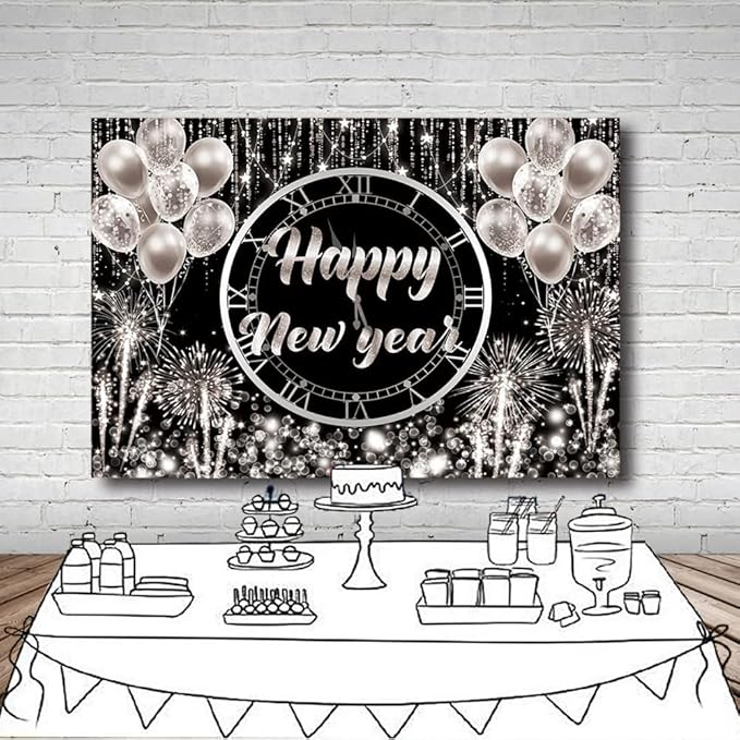 MEHOFOND Happy New Year Backdrop Hello 2026 NYE Cheers Party Decorations Sliver Black Photography Background Kiss Me at Midnight New Year's Eve Festival Party Supplies Photobooth Banner 7x5ft