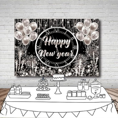 MEHOFOND Happy New Year Backdrop Hello 2026 NYE Cheers Party Decorations Sliver Black Photography Background Kiss Me at Midnight New Year's Eve Festival Party Supplies Photobooth Banner 7x5ft