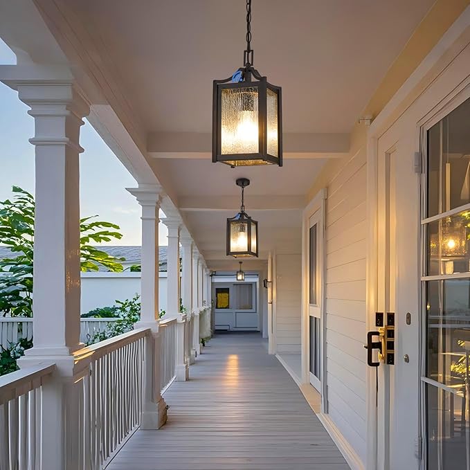 Outdoor Pendant Lights, Dusk to Dawn Modern Outdoor Porch Chandelier Lantern with Sensor, Black Exterior Hanging Porch Light with Raindrop Glass, Adjustable Long Chain, OS-KY1003