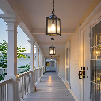 Outdoor Pendant Lights, Dusk to Dawn Modern Outdoor Porch Chandelier Lantern with Sensor, Black Exterior Hanging Porch Light with Raindrop Glass, Adjustable Long Chain, OS-KY1003