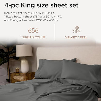 Threadmill American Supima King Size Sheets Set | 656 Thread Count 4 Piece Luxury Bed Sheets for King Size Mattress | 5 Star Hotel Quality Sheets with Elasticized Extra Deep Pocket | Dark Grey Sheets