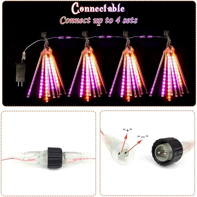 Halloween Lights Outdoor, 2 Pack Extendable Meteor Shower Lights Outdoor Waterproof with Timer, Total 384 LED 30cm 16 Tubes Cascading String Light Plug in for Halloween Yard Party (Orange and Purple)