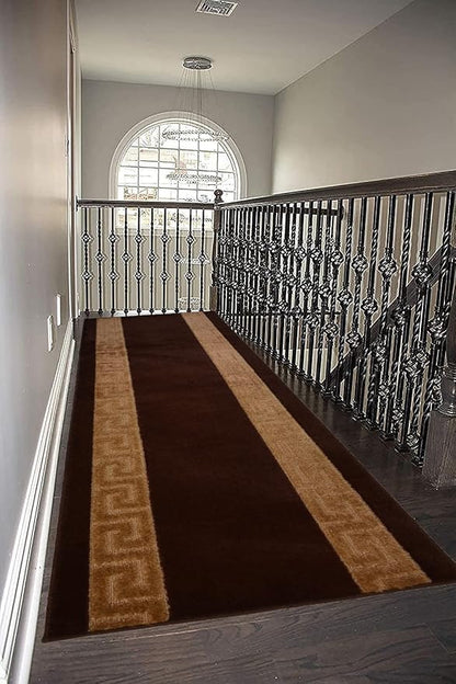 Washable Custom Size Runner Rug Meander Design Brown Beige, (8 Feet Length x 26 Inch Width) Custom Cut Slip Resistant Rubber Backing Runner Rugs, Extra Long Runner Rugs for Hallways