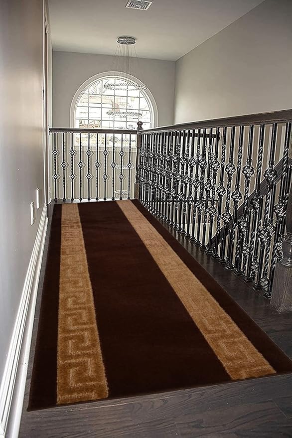 Washable Custom Size Runner Rug Meander Design Brown Beige, (4 Feet Length x 26 Inch Width) Custom Cut Slip Resistant Rubber Backing Runner Rugs, Extra Long Runner Rugs for Hallways