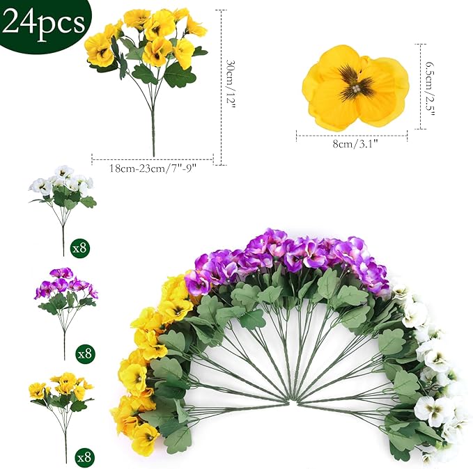 Hananona 24 Pcs Artificial Outdoor Flowers, Faux Silk Pansy Plants for Outside UV Resistant Spring Pansies Flower for Home Planter Porch Patio Yard Decor (24, Yellow, White, Purple)