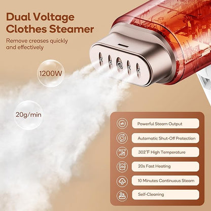 Newbealer Dual Voltage Garment Steamer - 120V/220V, 1200W Powerful Steamer for Clothes, Home & Travel Use, Horizontal & Vertical Steaming, 20s Heat-up, Foldable, 1.72lbs, 180ml (Gold)