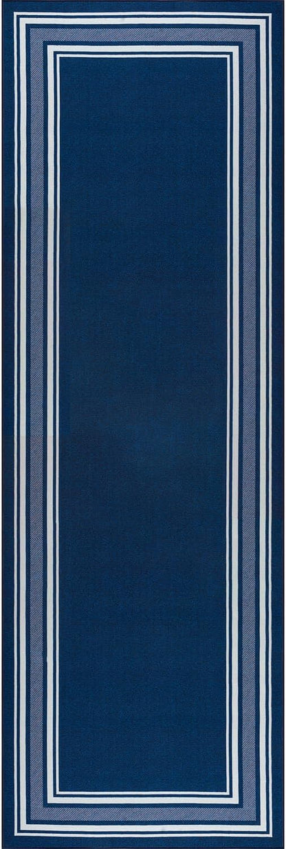 Modern Bordered Non Slip Indoor Runner Rugs for Living Room 2x7 Area Rugs for Kitchen, Rug for Bedroom, and Hallway, Stain Resistant Easy Cleaning Non Shedding Navy 2 x 7