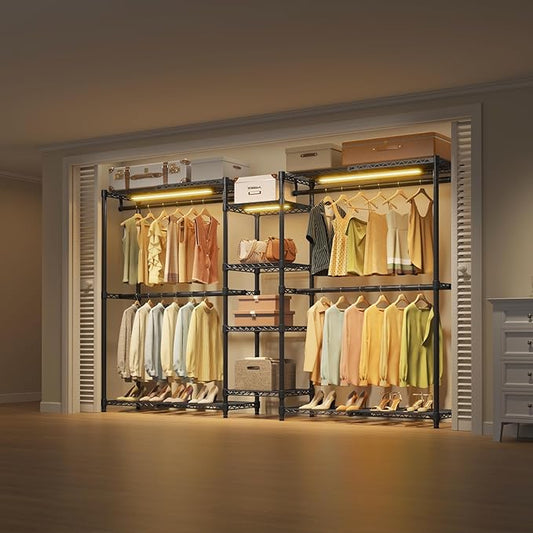VIPEK X3L Expandable Reach in Closet Rack with Dimmable LED Lights Clothing Rack Adjustable from 5'2" to 8' Extendable Shelves and Hanger Rods, Large Freestanding Walk-in Open Closets, Black