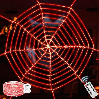 144 LED Round Halloween Spider Web Lights Decoration, 3.6 m Giant Net Light Fairy Lights with Remote Control Light Net Decoration Outdoor Indoor - Red