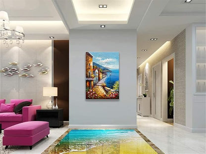 Alenoss Hand Painted Acrylic Large Abstract Modern Oil Paintings on Canvas 28x40 Inches Vertical Wall Art Mediterranean Sea Cityscape Blue Artwork Wall Decor Home Decorations