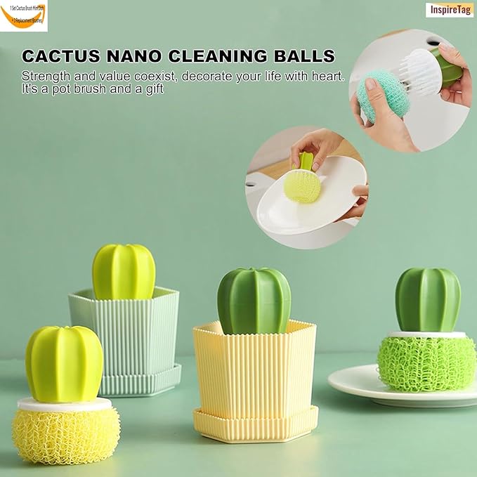 Kitchen Cleaning Brush Set with Holder & Drip Tray – 3 Head Cactus Scrub Brush, Row Brush, Mini Dish & Pot Brushes – Durable Multi-Purpose Scrubbers for Sink, Pans, Plates, Cups (Yellow)