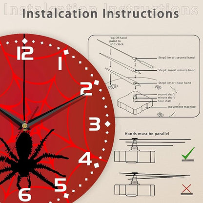 Spider On Spider Web Wall Clock Vintage Wooden Wall Clock Silent Non-Ticking Battery Operated Arabic Numerals Wall Clocks Decorative for Kitchen, Office, Classroom 10 Inch