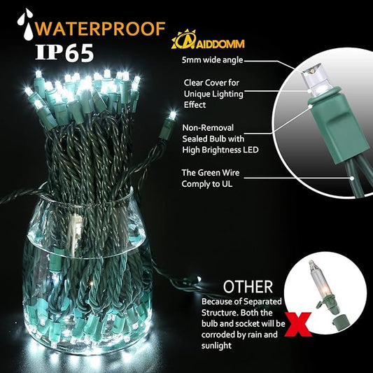 50 Counts Cool White LED Christmas Lights – 25ft 5mm White Christmas Lights Outdoor Commercial Grade Waterproof, Indoor Christmas Tree Decorations, Green Wire Mini String Lights, UL, IP:65