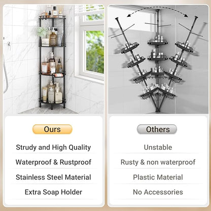 ELYKEN Corner Shower Caddy Standing, 4 Tier Rustproof Metal Shower Organizer with Soap Holder, Floor Shower Corner Shelf Rack Storage Stands with Adjustable Feet & 2 Hooks for Bathroom, Black