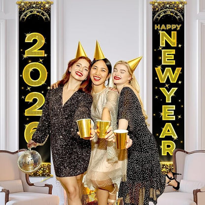 Upgraded, Ideal New Years Eve Party Supplies 2026, 300D Premium New Year Banner 2026, Large 71x12in (with 2pcs Golden hanging rod) Classic Design, HQ Fabric, HD Printing, Perfect for NYE Decorations