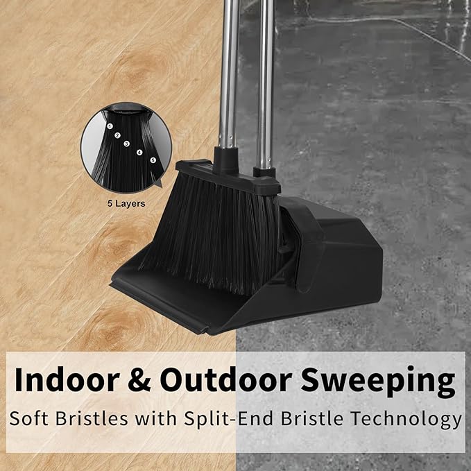 3-Pack Broom with Dustpan Combo Set, Commercial Broom and Dustpan Set, Dust Pan with Long Handle, 51'' Large Brooms with Self-Cleaning Dust Pan Teeth for Restaurant Lobby Garage - Black