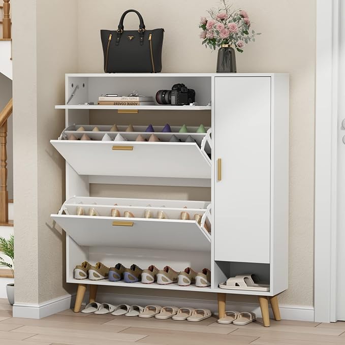Shoe Rack Cabinet, Free Standing Shoes Storage Organizer Cabinet with 2 Flip Drawers, Entryway Narrow Shoe Rack Storage with Doors for Entryway