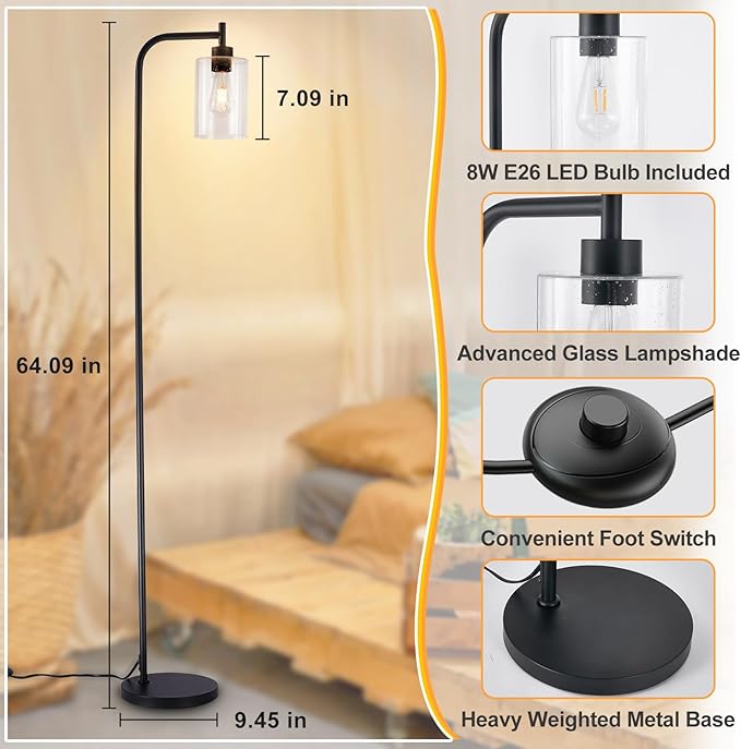 DLLT Floor Lamp Tall for Room: Black Standing Lamp with Seeded Glass Lampshade for Living Room - Modern Bright Lamp for Bedroom - Industrial Corner Floor Lamps for Office 8W Led Bulb Included