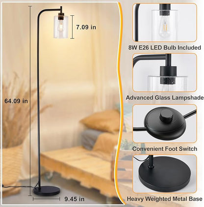 DLLT Floor Lamp Tall for Room: Black Standing Lamp with Seeded Glass Lampshade for Living Room - Modern Bright Lamp for Bedroom - Industrial Corner Floor Lamps for Office 8W Led Bulb Included