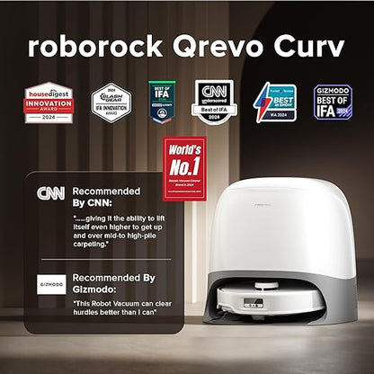 roborock Qrevo Curv Robot Vacuum and Mop, 18,500Pa Suction, Zero-Tangling, AdaptiLift Chassis, FlexiArm Technology, Hot Water Mop Washing & Dock Self Cleaning, Al Obstacle Recognition