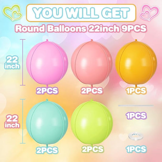 Pastel Round Foil Balloons 9 pcs,Multicolor Giant 4D Round Balloons 22 Inch for Kid's Birthday Rainbow Party Baby Shower