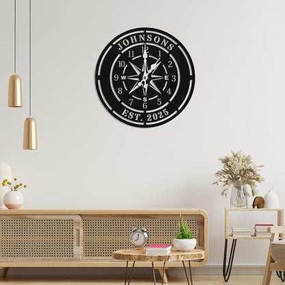 Personalized Compass Wall Clock, Custom Iron Wall Clock with Unique Text, Black Vintage Nautical Decor for Living Room, Office, Mantle, Unique Housewarming Gift, Anniversary Wedding Gift for Him