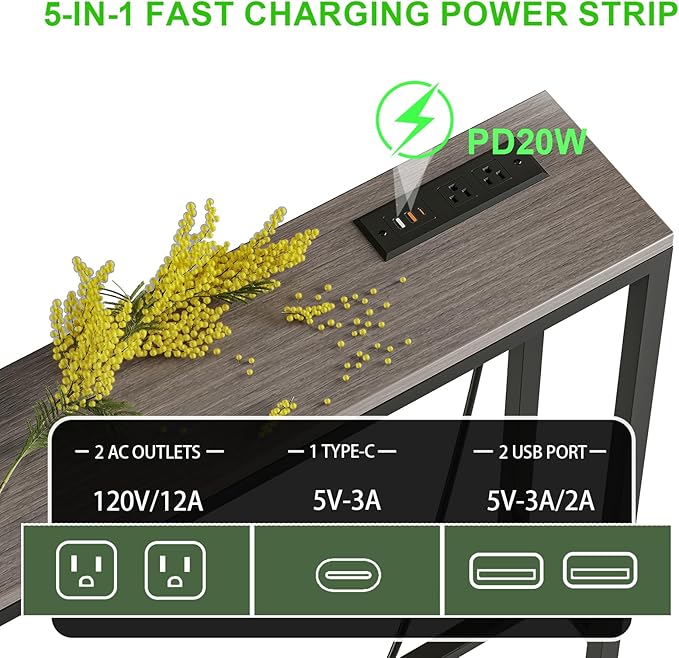 86.6" Behind Couch Table with Fast Charging Station, 7.1" Narrow Skinny Sofa Table with 2 Power Outlets, 2 USB-A, USB-C for Console Entryway, Black Oak