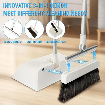 3-in-1 Magnetic Broom with Dustpan Combo Set, Broom and Dustpan Set with Silicone Broom, Upright Standing Dustpan Self-Cleaning Teeth for Home, Kitchen, Office, Hall Floor, Pet Hair